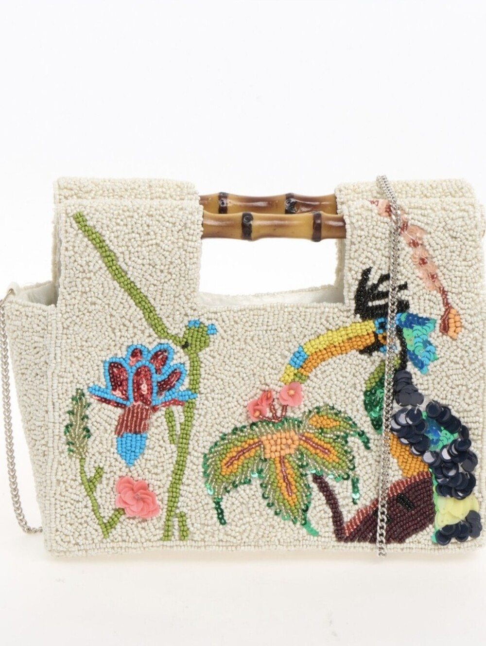 Beaded Tropical Mini Bag with Bamboo Handles - Cream